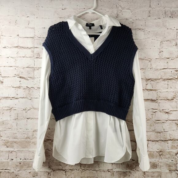 Theory Woven Combo Vest Shirt in Navy & White Size Large NWT Sweater - Picture 3 of 12